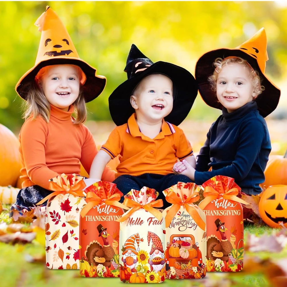 50 Thanksgiving and Fall Themed Gift Bags Plastic with Drawstring - Picture 2 of 5